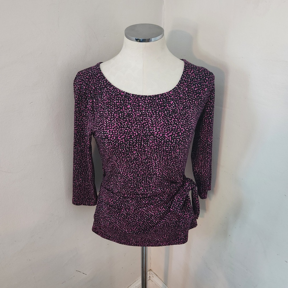 Ann Taylor Pink Black Abstract Pebble Print Side Tie Blouse Womens Small